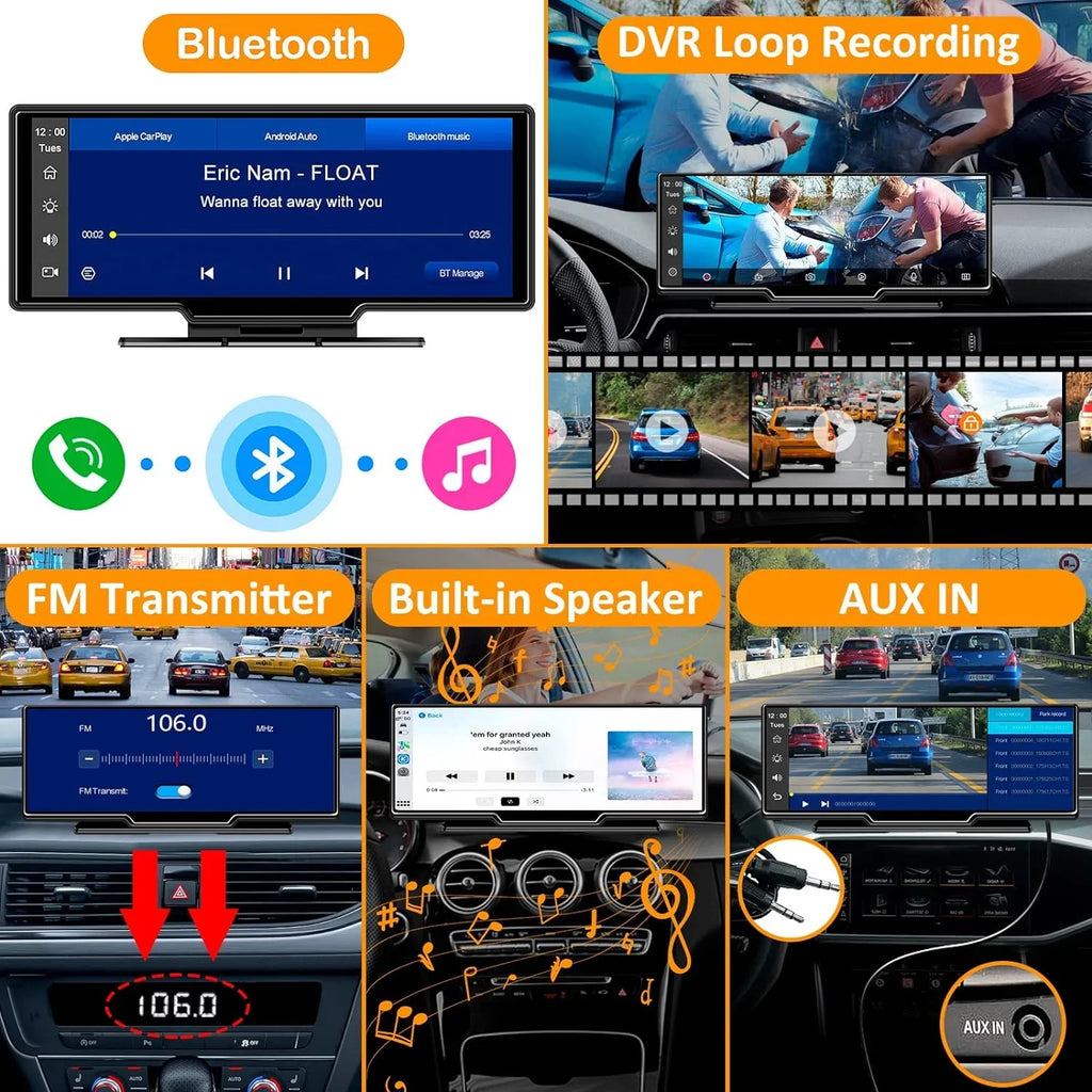 CAIHONG Portable Wireless Carplay Car Stereo with 2.5K Dash Cam - 9" HD IPS Screen; Android Auto; 1080p Backup Camera; Loop Recording; Bluetooth; GPS Navigation Head Unit; Car Radio Receiver