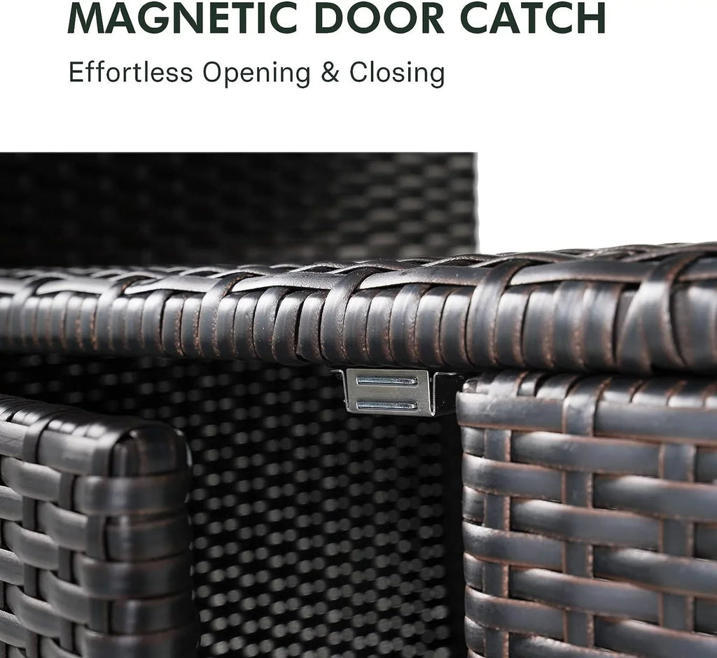 Indoor Outdoor 2-Door Wicker Storage Cabinet with Shelf; Powder Coated Steel; All Weather Resin Wicker; Dark Brown