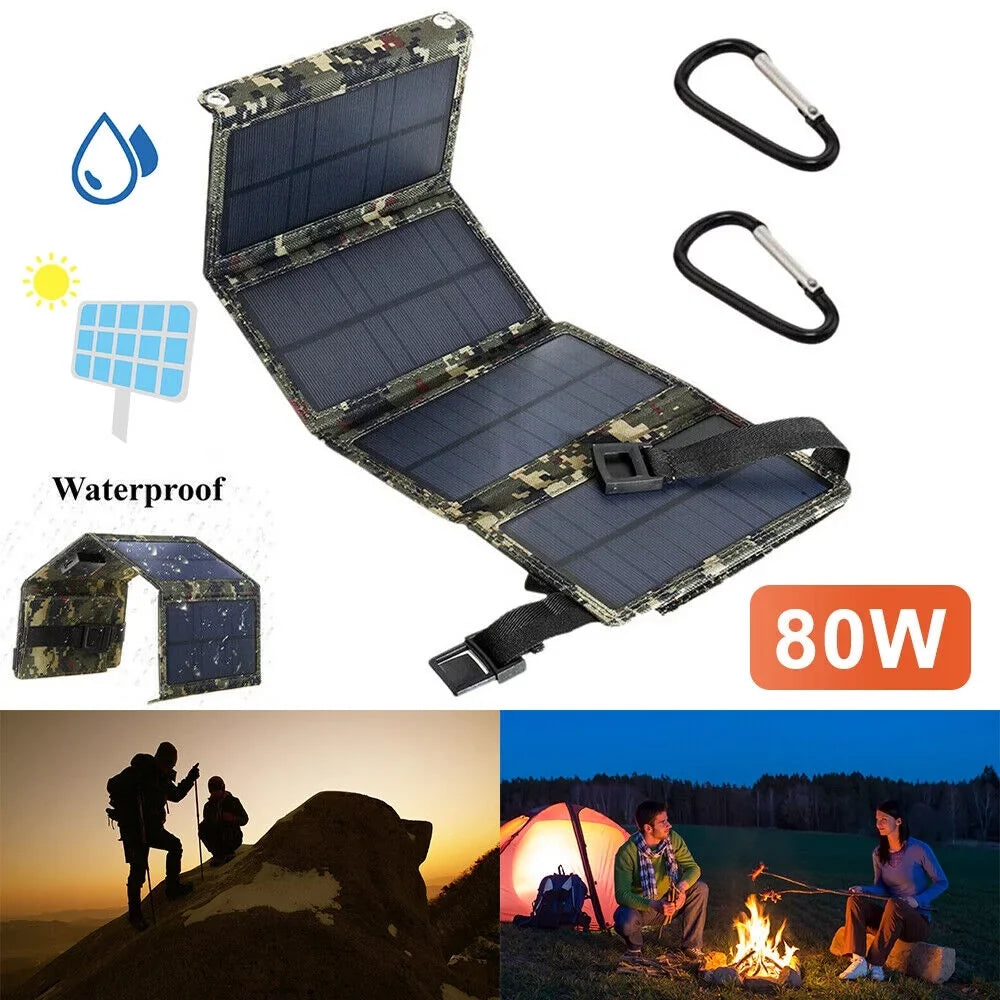 Paddsun 80W USB Solar Panel Folding Power Bank Outdoor Camping Hiking Phone Charger