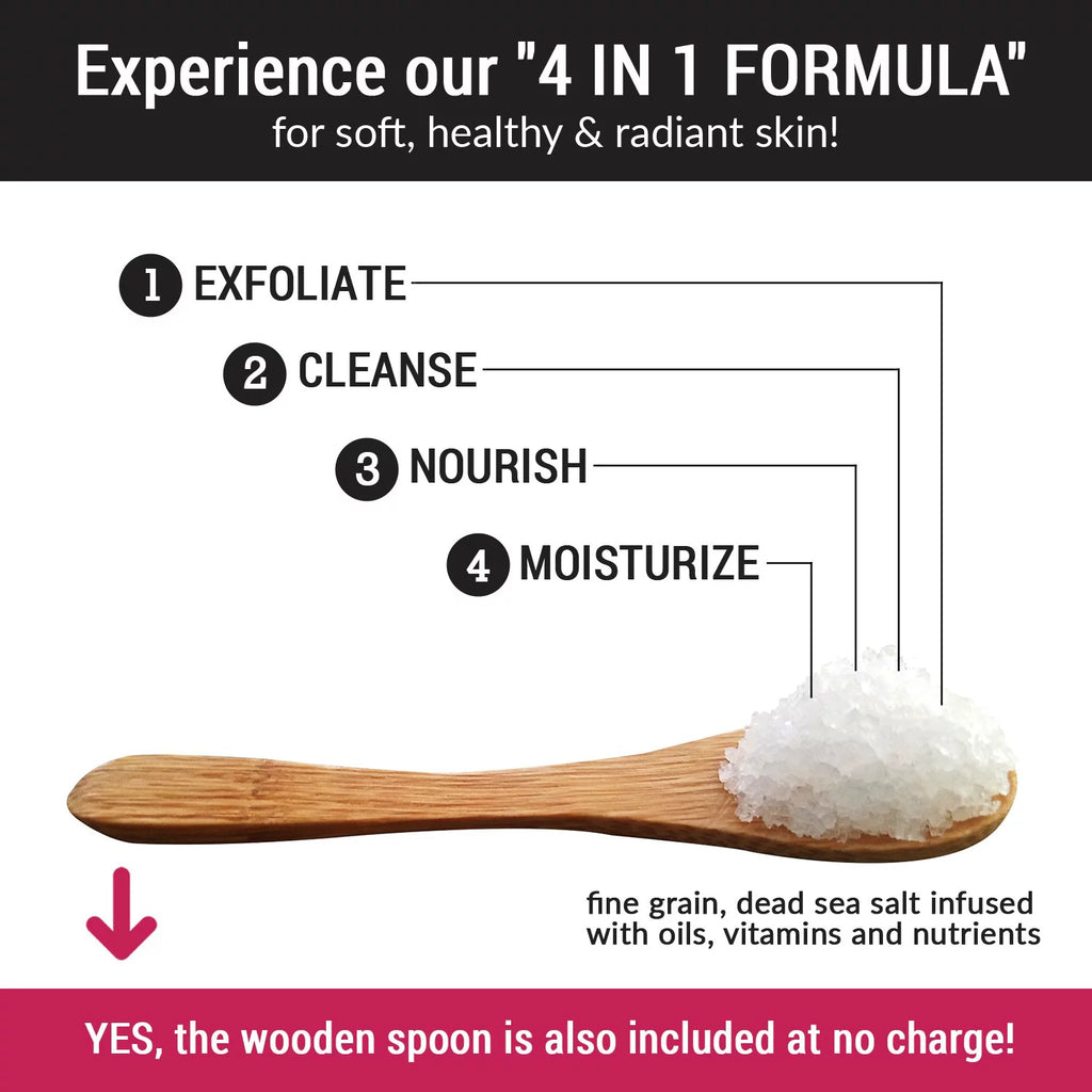 pureSCRUBS Premium Organic Body Scrub Set - Large 16oz VANILLA BODY SCRUB - Pure Dead Sea Salt Infused With Organic Essential Oils & Nutrients + FREE Wooden Spoon; Loofah & Mini Exfoliating Bar Soap