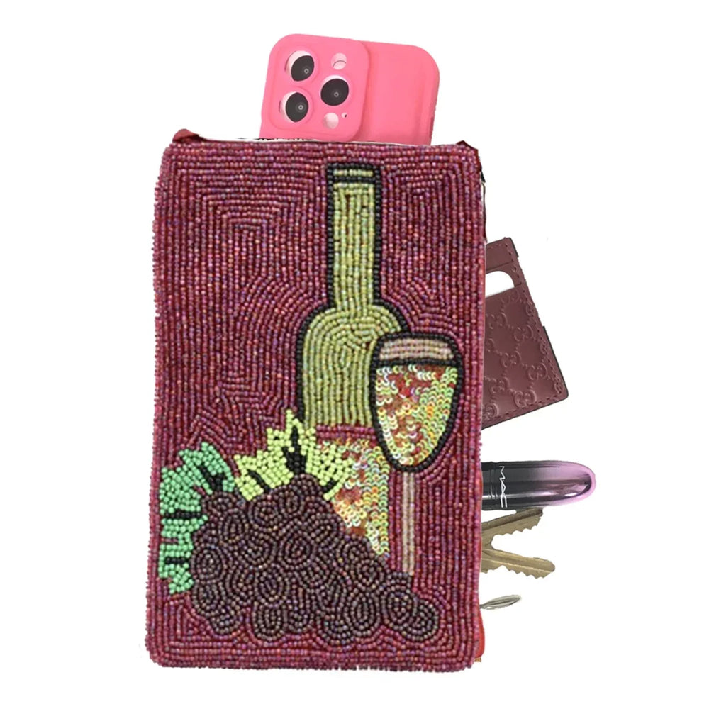 Red Wine Lovers Club Bag Beaded Phone Crossbody; Merlot