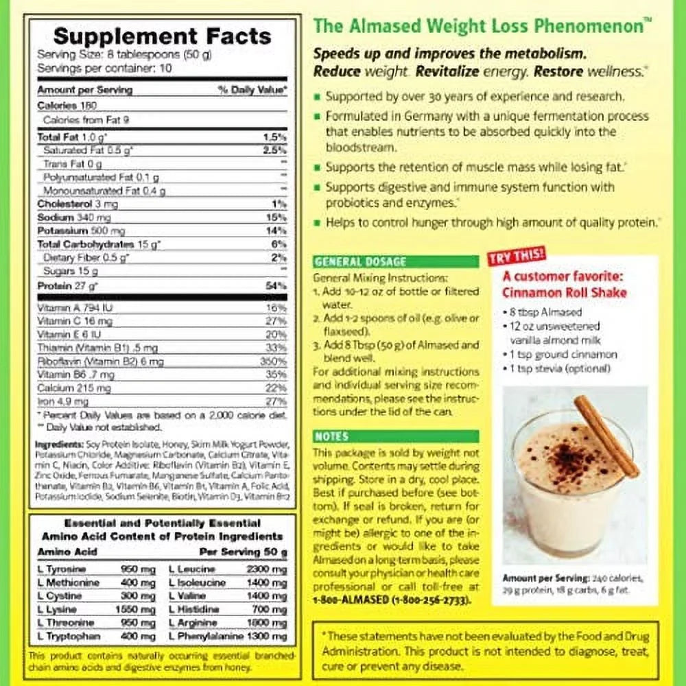 Almased Meal Replacement shakes – Gluten-Free; non-GMO Weight Loss Powder – Vanilla Flavor; 17.6 oz (2 pack)