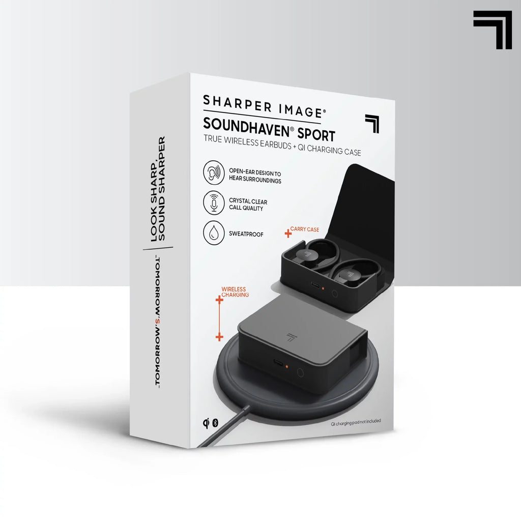 Sharper Image® SoundHaven® Sport True Wireless Bluetooth Earbuds with Qi Charging Case; Black