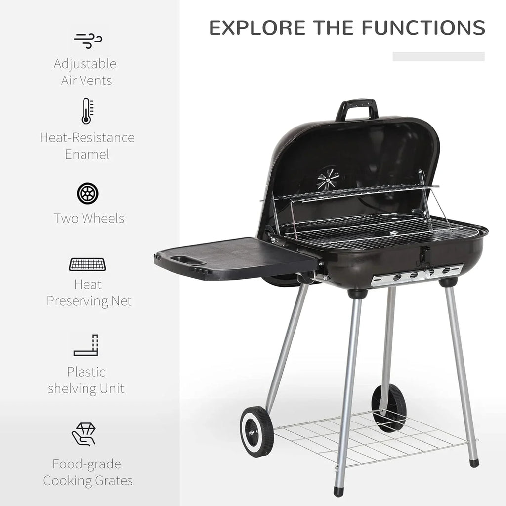 Portable Charcoal Grill with Foldable Side Shelf and Bottom Shelf; BBQ Smoker with Wheels and Adjustable Vents on Lid for Picnic Camping Backyard Cooking; Black