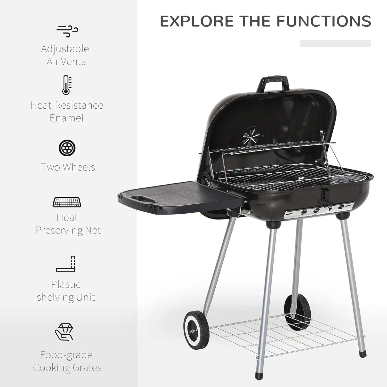 Portable Charcoal Grill with Foldable Side Shelf and Bottom Shelf; BBQ Smoker with Wheels and Adjustable Vents on Lid for Picnic Camping Backyard Cooking; Black