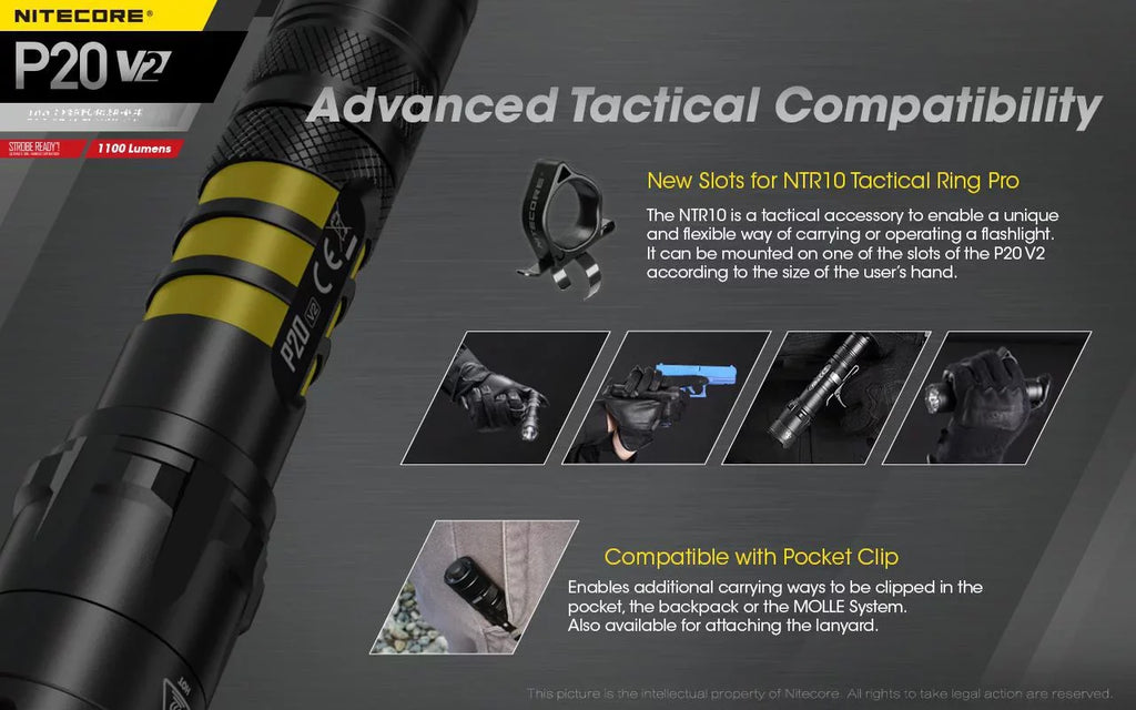 Combo: Nitecore P20 V2 Tactical LED Flashlight - CREE XP-L2 V6 - 1100 Lumens w/NL183 Battery; D2 Charger +2x Free Eco-Sensa CR123A Batteries