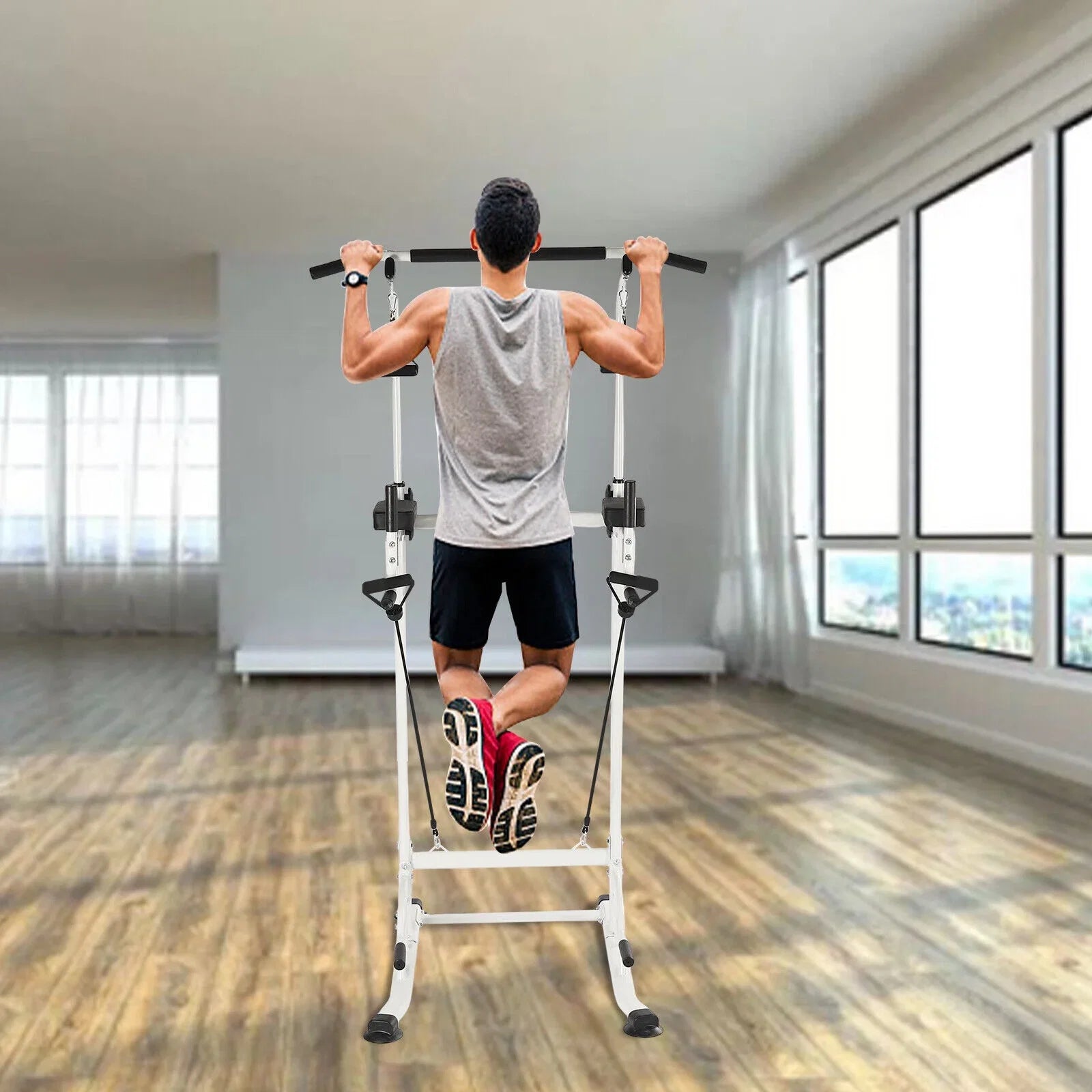 Home Gym Power Tower Dip Station Chin Up Bar Power Tower Pull Push Home Gym Black Adjustable Height
