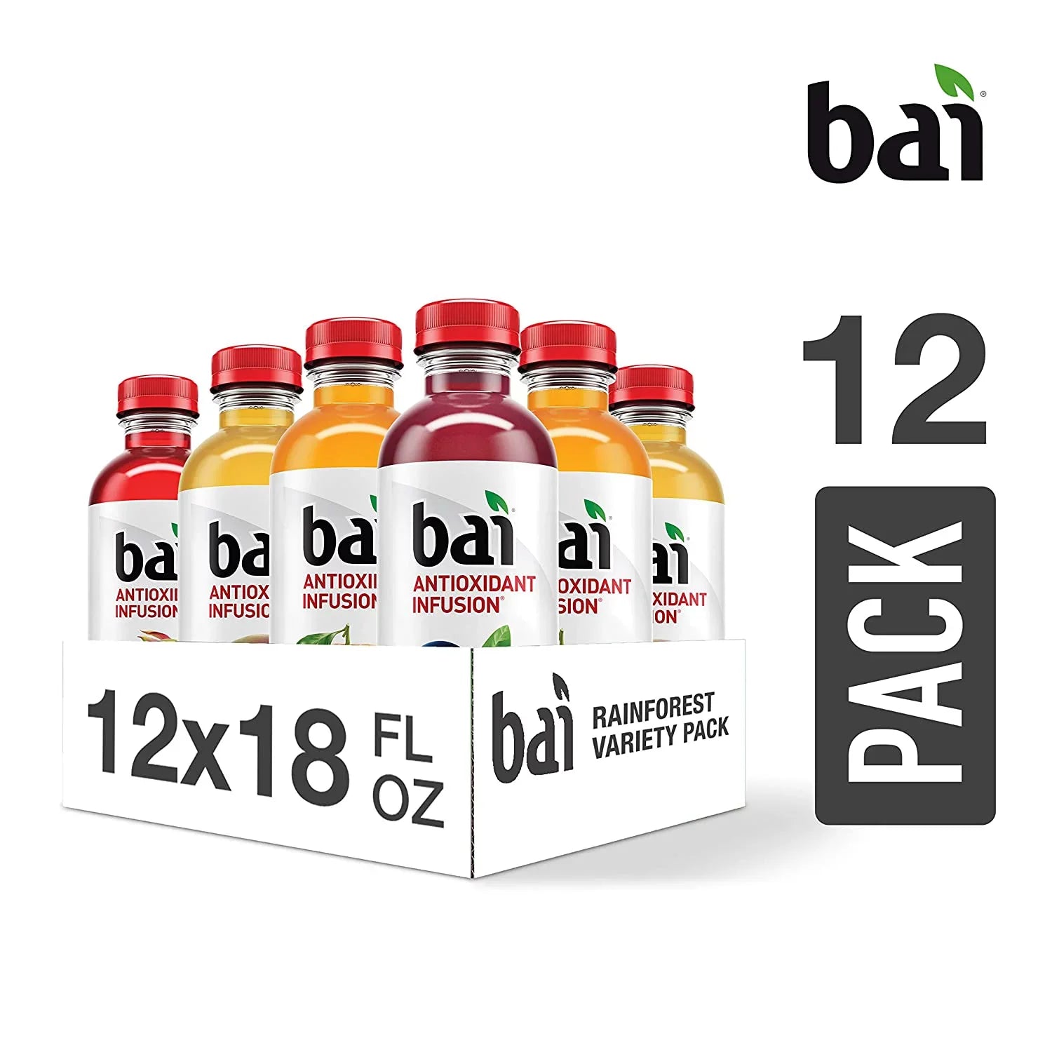 Bai Flavored ; Rainforest Variety Pack; Antioxidant Infused Drinks; 18 Fluid Ounce Bottles; 12 Count; 3 Each of Brasilia Blueberry; Costa Rica Clementine; Malawi Mango; Sumatra Dragonfruit
