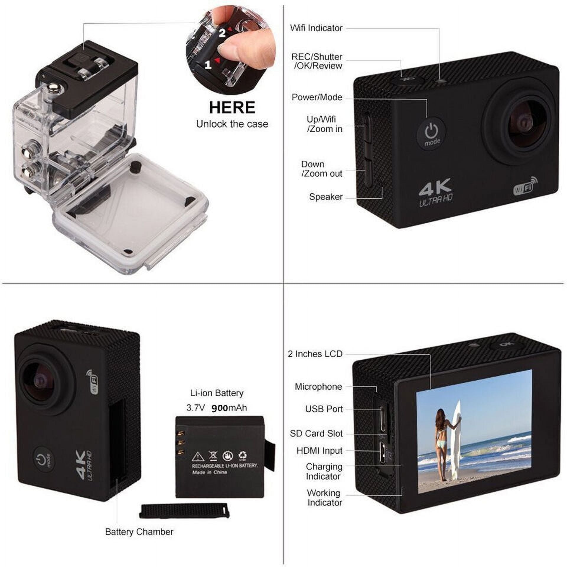 Action Camera HD 1080P Sports Camera Under 30M Fluidproof; TF Card; Battery; Carry Case Included