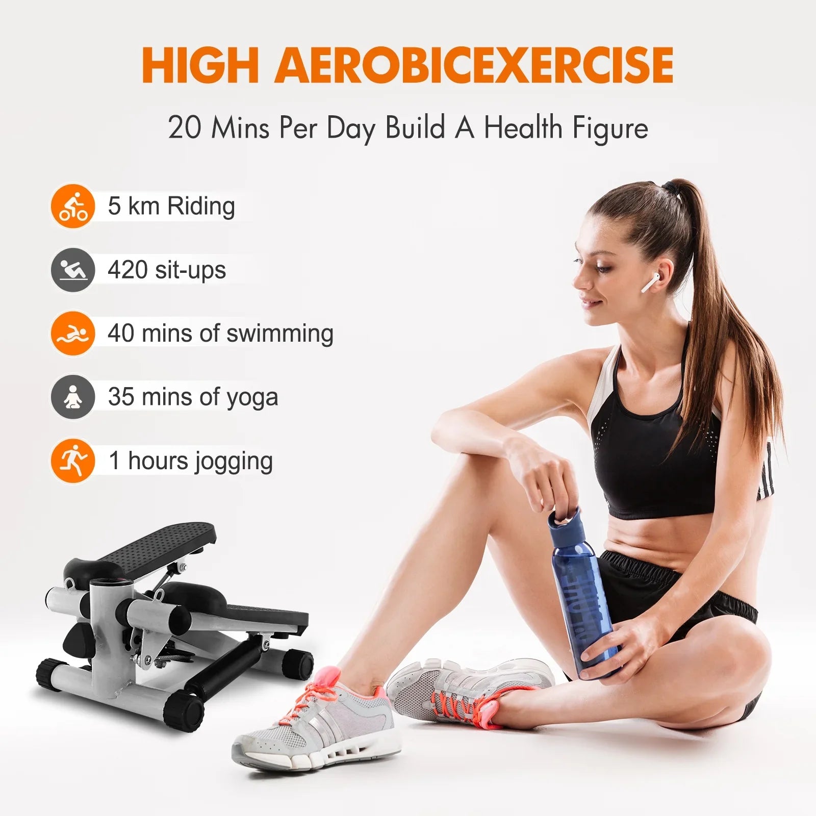 Stepper for Exercise; Stair Stepper Cardio Equipment with Resistance Bands; Mini Stepper Adjustable Stride Height Gray