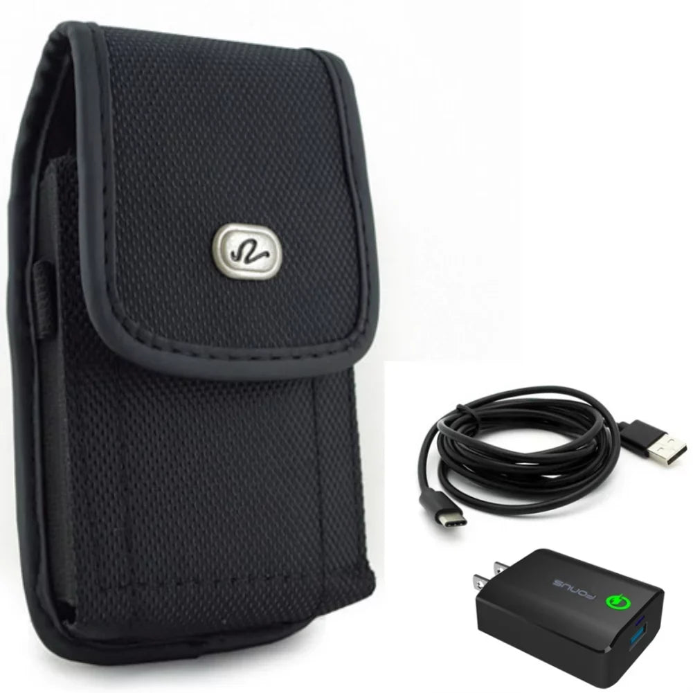 6ft USB Cable 18W Fast Home Charger w Holster Rugged Case Belt Clip for Motorola Moto Z Force Droid; Revvlry Plus; G7 G Stylus Power (2020) - OnePlus 7T; 6T; 6; 9; 8T Plus - Razer Phone 2