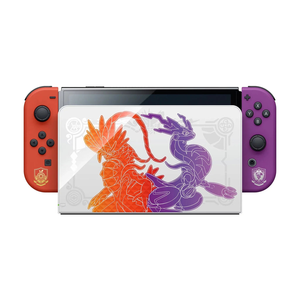 2022 Nintendo Switch OLED Model Pokemon Scarlet & Violet Limited Edition; Pokemon Illustrations 64GB Console; Koraidon and Miraidon Glossy White Dock; Pokemon Scarlet Game and Mytrix Accessories