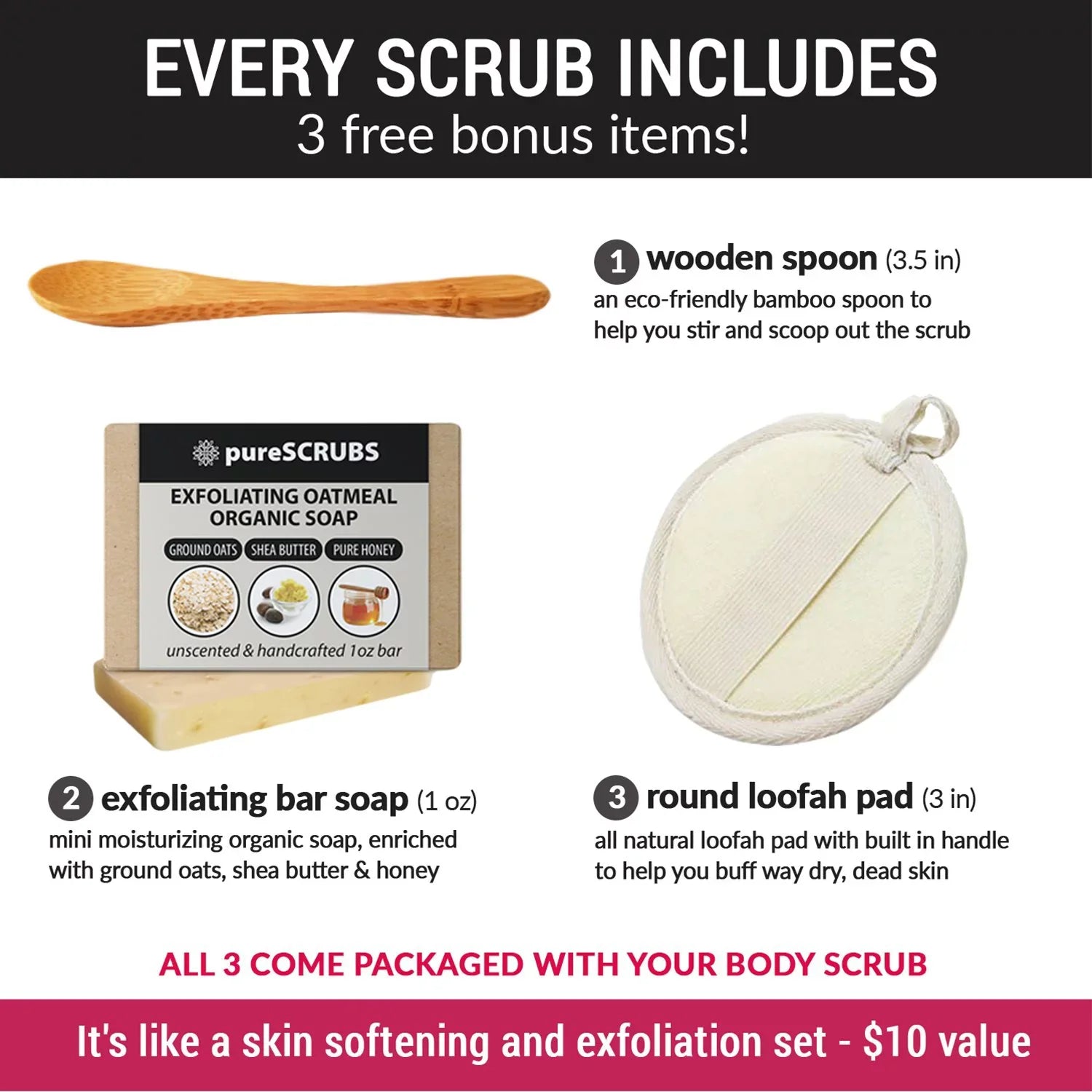 pureSCRUBS Premium Organic Body Scrub Set - Large 16oz VANILLA BODY SCRUB - Pure Dead Sea Salt Infused With Organic Essential Oils & Nutrients + FREE Wooden Spoon; Loofah & Mini Exfoliating Bar Soap