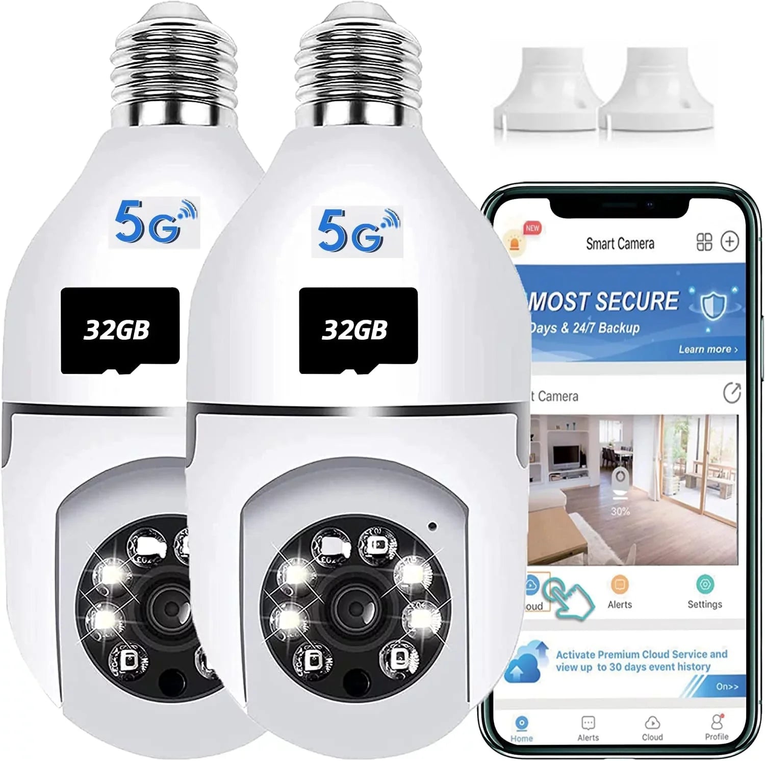 2 Pack Light Bulb Security Camera; 360 Degree PTZ2.4GHz & 5G WiFi Camera; Wireless Home Indoor and Outdoor Camera + 32GB SD Card (Two); APP Access; Motion Detection Alarm; Local and Cloud Storage