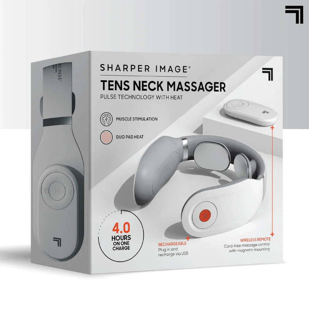 Sharper Image® Neck Tens Muscle Stimulator with Soothing Heat & Wireless Remote; Pain Relief Therapy With 3 Massage Modes & 15 Intensity Levels; USB Rechargeable; 4 Hour Battery Life