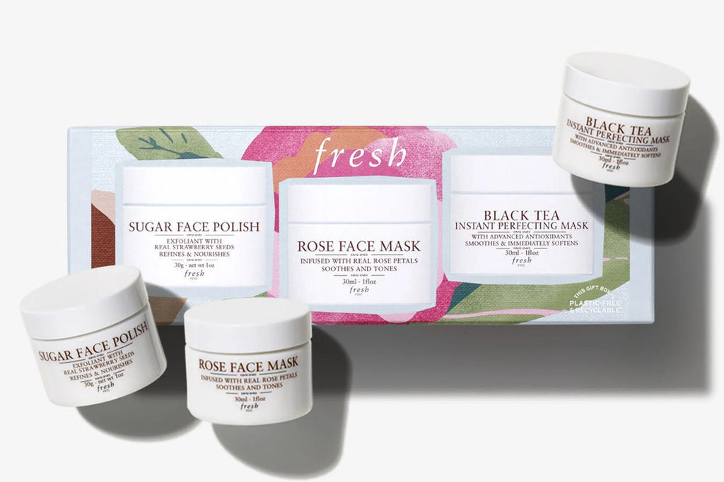 Fresh Face Mask Essentials Gift Set; Facial Masks: Sugar Face Polish; Rose Face Mask; Black Tea; Advanced Antioxidants (Gift Set; 3 Pack) *EN