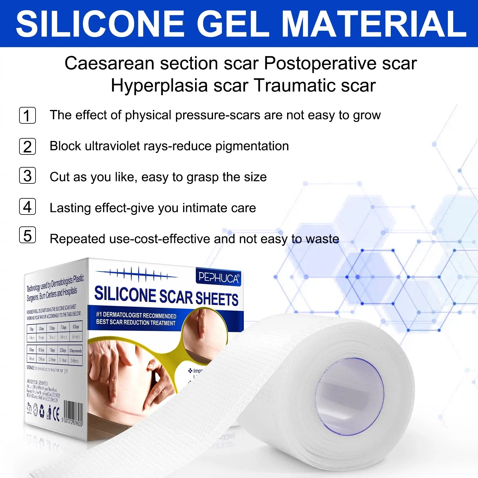 Pephuca Medical Grade Silicone Scar Sheets;Reusable and Breathable Silicone Gel Tape for Scar Removal;120inch x 1.6inch Roll Reusable 6 Months Supply;Transparent - 2 Pack