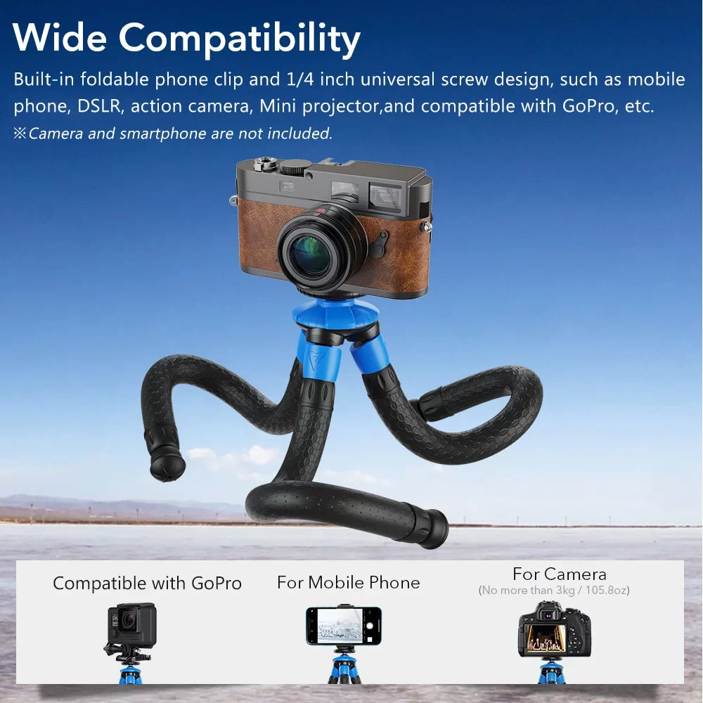 Apexel Flexible Octopus Tripod; Portable Travel Phone Tripod for DSLR Camera; Max Load 3kg
