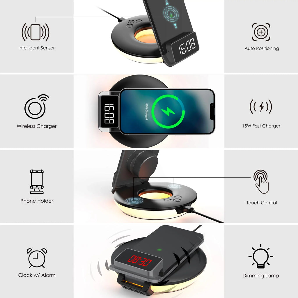 Rexing RS7 3-in-1 Wireless Charging Station; Touch Control; Table-Desk Lamps - Black