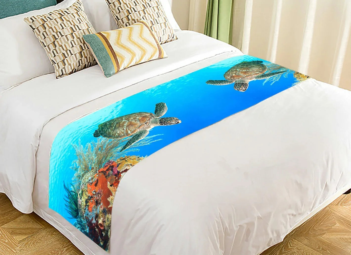 GCKG Ocean Bed Runner; Underwater World Sea Turtle and Coral Reef Bed Runners Scarves Bed Decoration 20x95 inch
