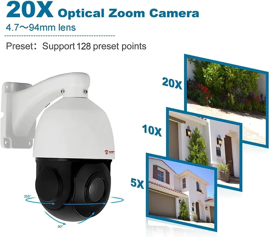 Anpviz 5MP PoE PTZ IP Surveillance Camera 20X Optical Zoom; PTZ IP Security Camera Outdoor Indoor with Mic/Audio; Person Vehicle Detection; IR Night Vision; Metal; Pan 360°/Tilt 90°; IP66 Fluidproof
