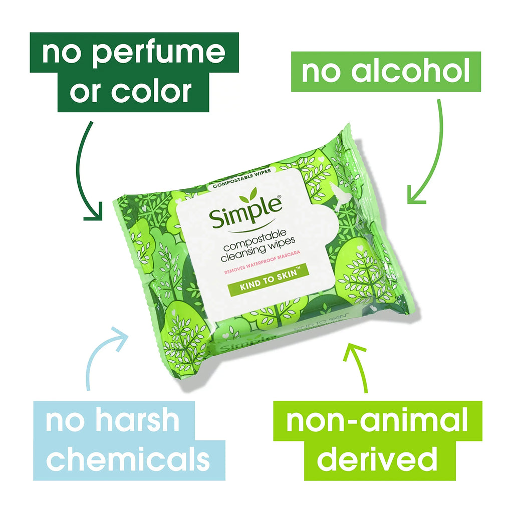 Simple Compostable Cleansing Wipes Facial Wipes For Removing Makeup Kind To Skin No Artificial Perfume Or Color; Paraben Free; Phthalate Free 25 Wipes