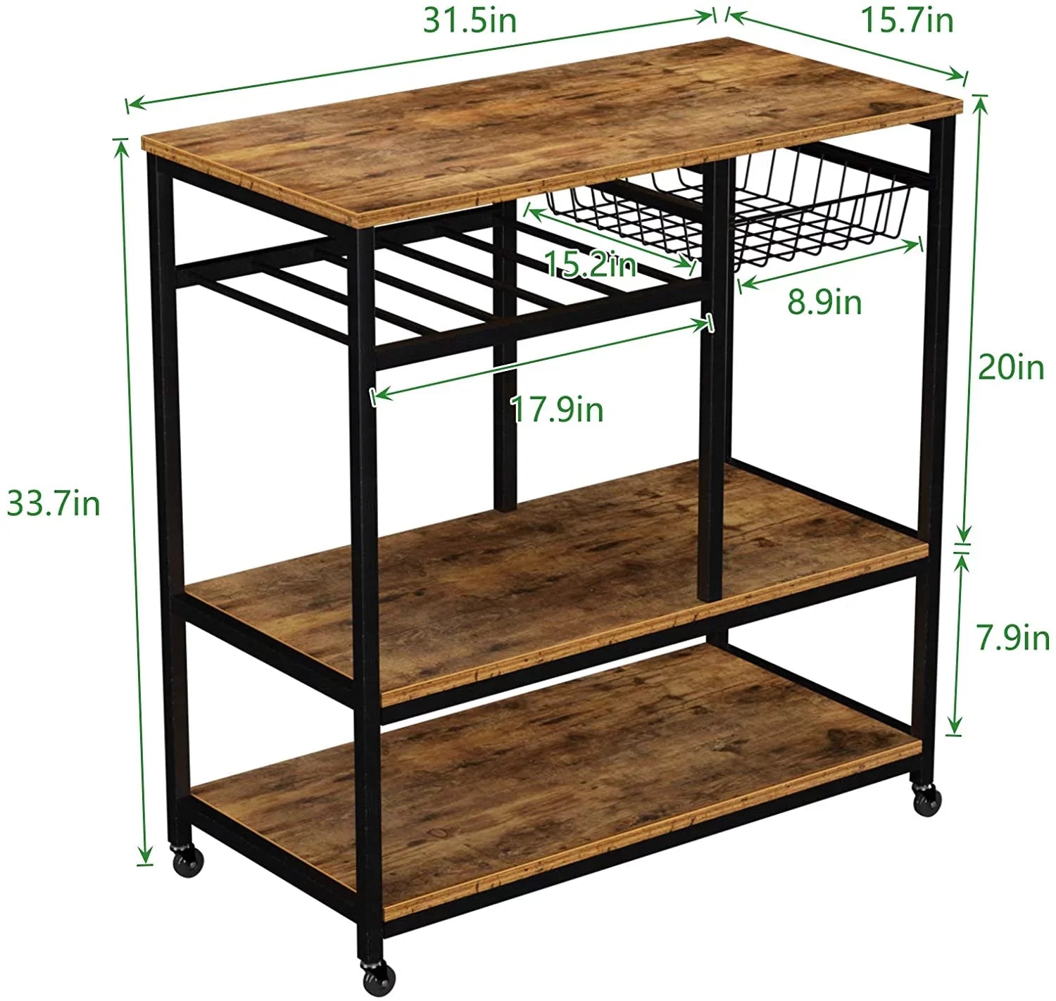 Microwave Carts for Kitchen with Storage 3 Tier Rolling Bakers Rack Utility Kitchen Serving Cart on Wheels Outdoor Bar Cart Coffee Station; Dark Brown