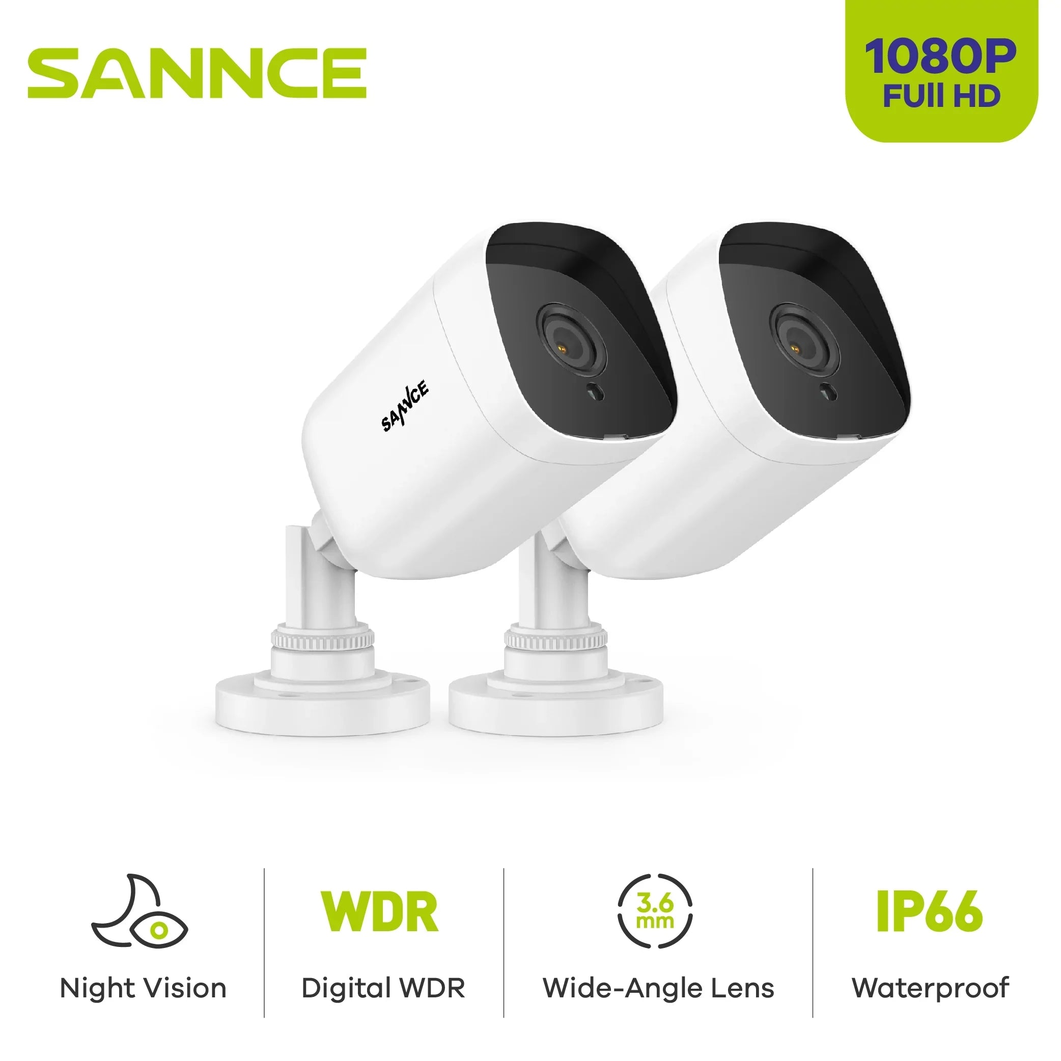 SANNCE 2PCS 2MP Full HD Wired Analog CCTV TVI-HD Security Camera for DVR Security Camera System with Outdoor IP66 Liquidproof 100 ft Night Vision