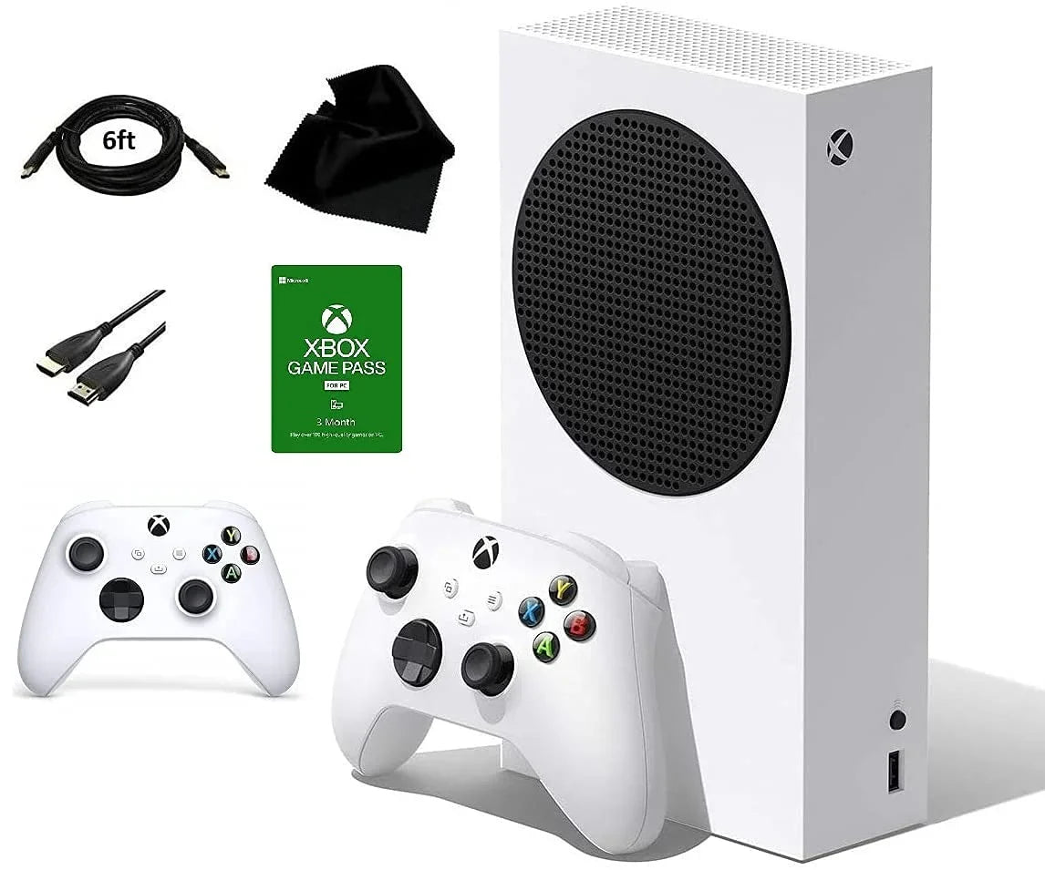 Xbox Series S Includes: Xbox Series S 512GB Console; 2 Wireless Controllers for Xbox; 3 Month Game Pass Code; Kwalicable Accessories