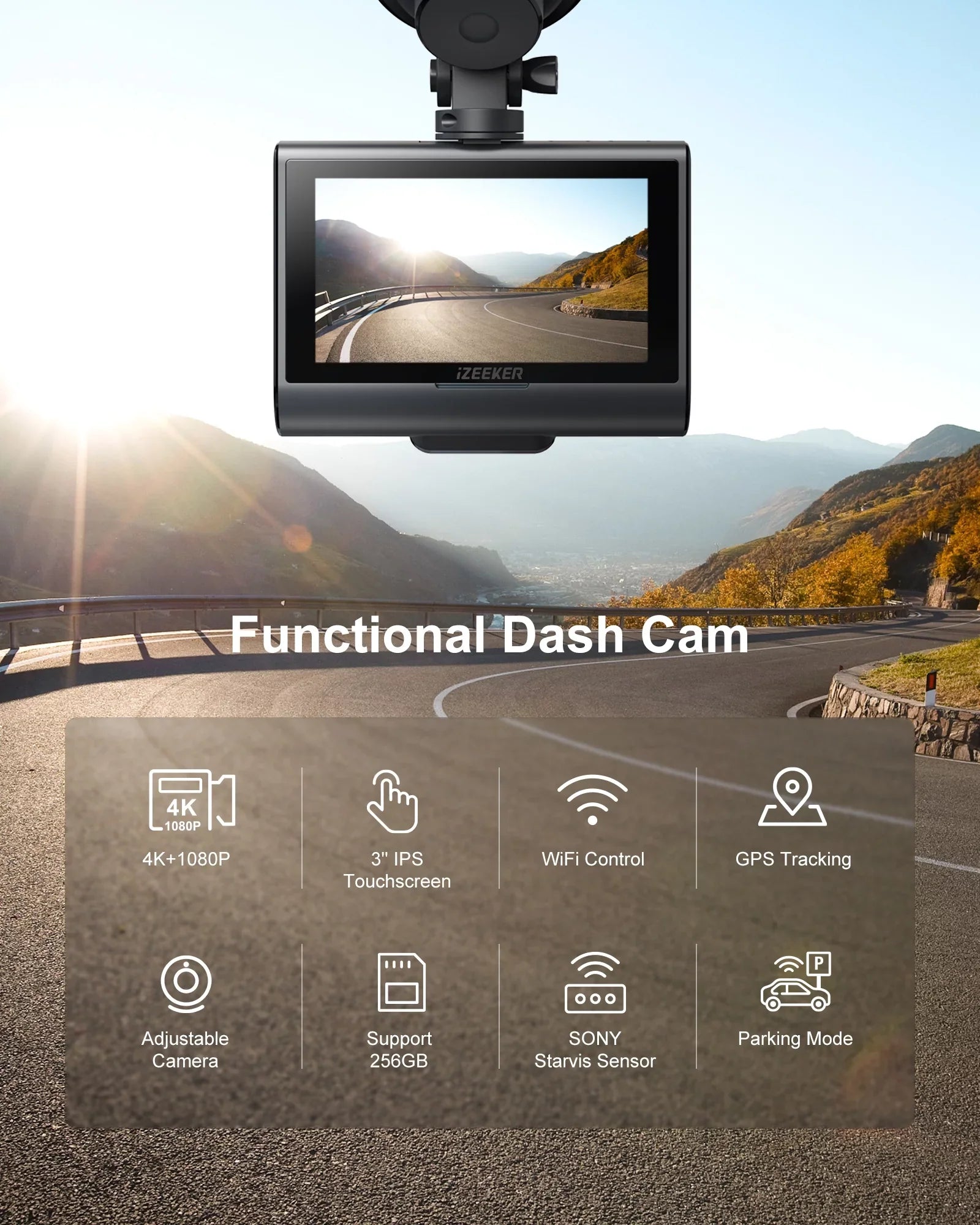 iZEEKER 4K Dash Cam Front and Rear Wi-Fi GPS; 4K+1080P Dual Dashcam; 3'' IPS Touchscreen; WDR; Night Vision; Parking Mode; G-Sensor; Black