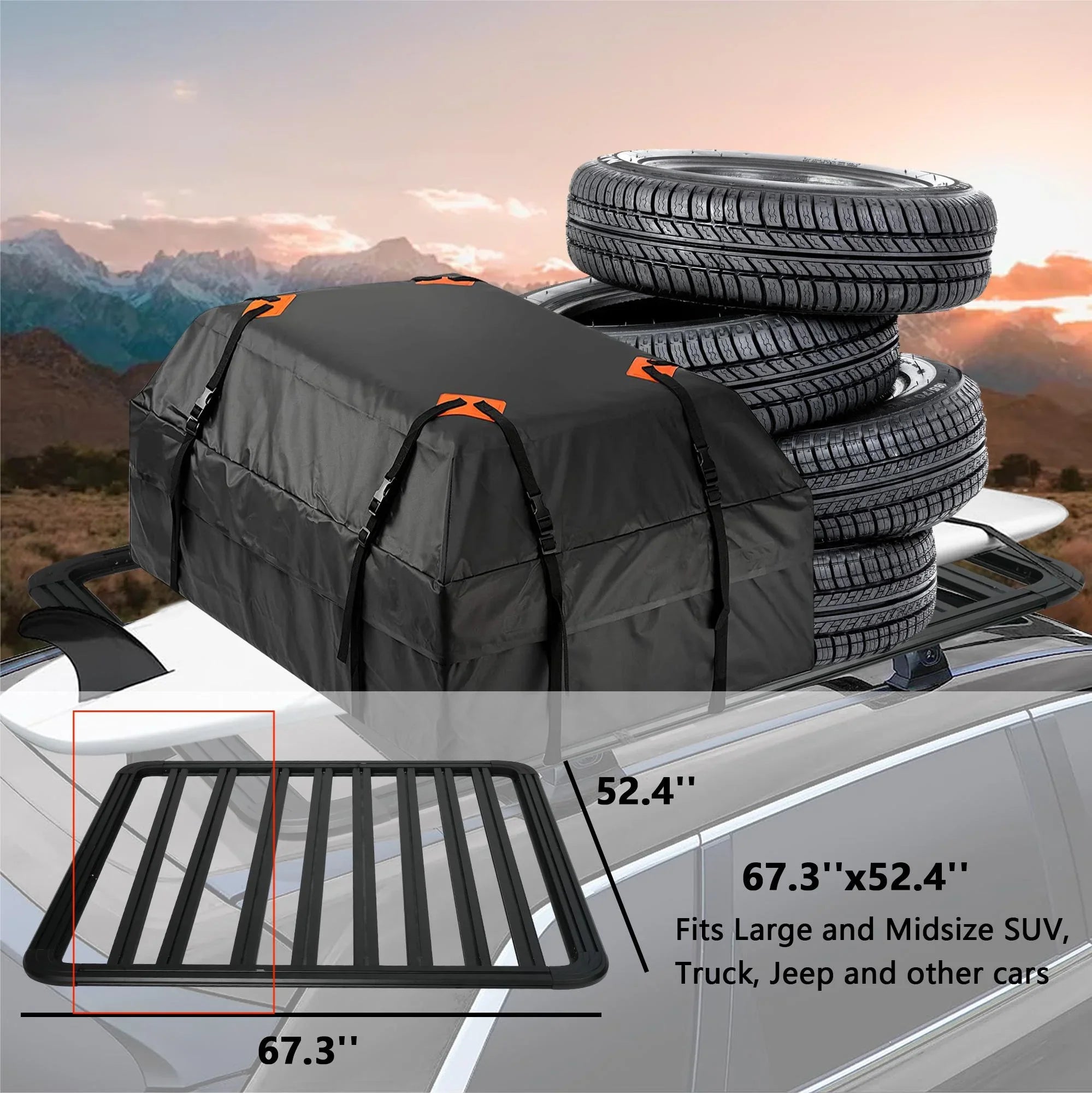67"x52" Aluminum Car Roof Platform; Universal Rooftop Cargo Carrier System Max 660lbs Load; Black Fits for SUV Truck Cars