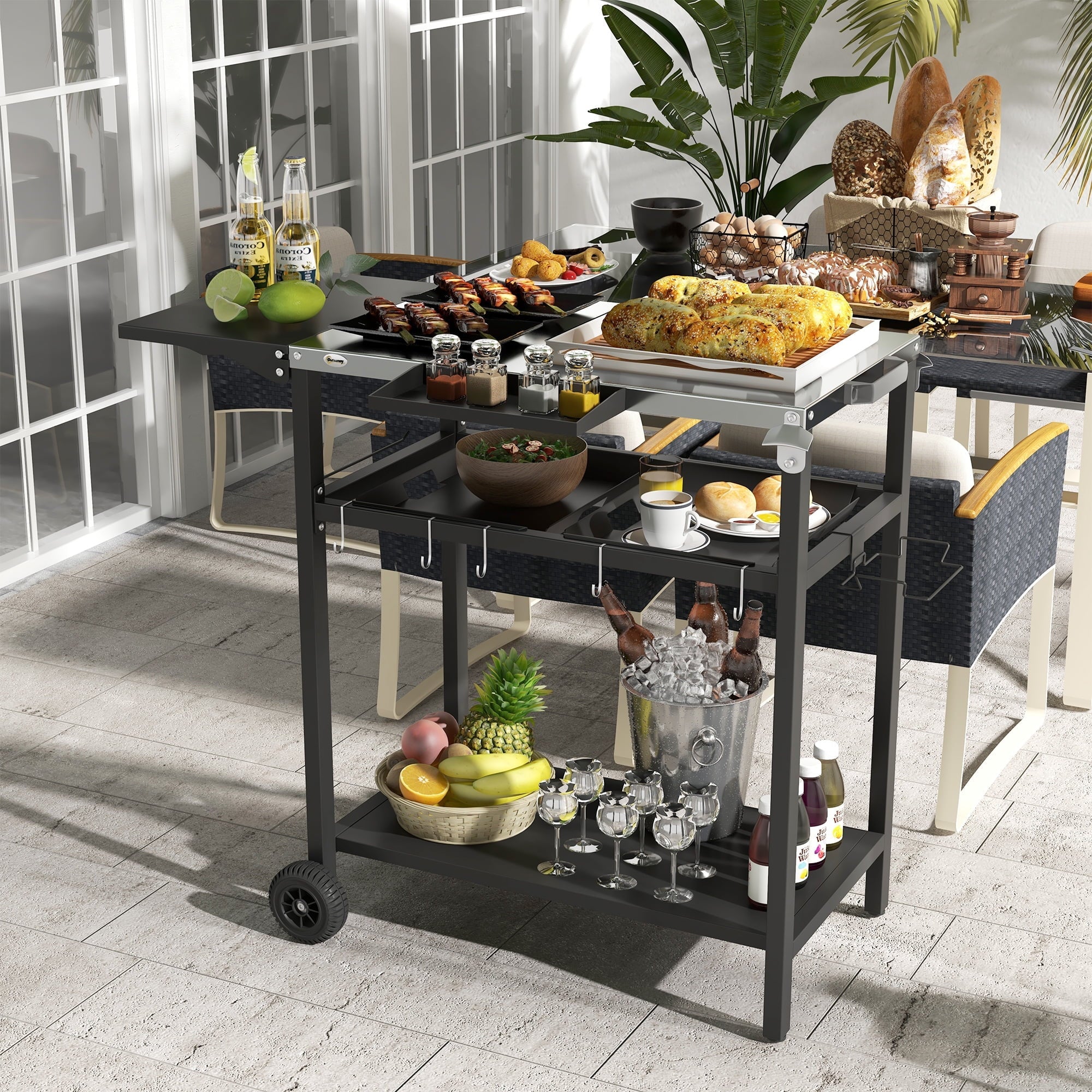 Outdoor Bar Cart with Stainless Steel Tabletop; Kitchen Island with Wheels; 2 Tiers & Seasoning Shelf; Patio Serving Cart with Hooks; Towel & Garbage Bag Holder; Plates & Spice Jars; Black