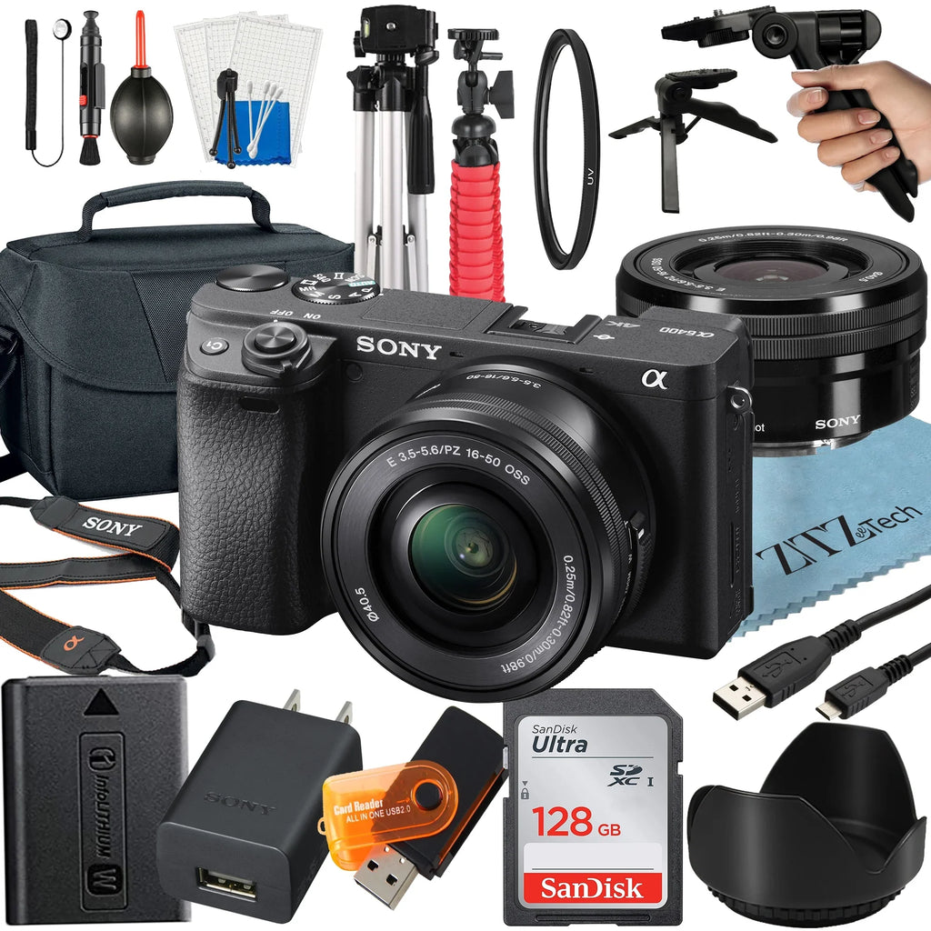 Sony Alpha a6400 Mirrorless Digital Camera with E PZ 16-50mm OSS Lens; 128GB SanDisk Card; Tripod; Case; ZeeTech Accessory Bundle