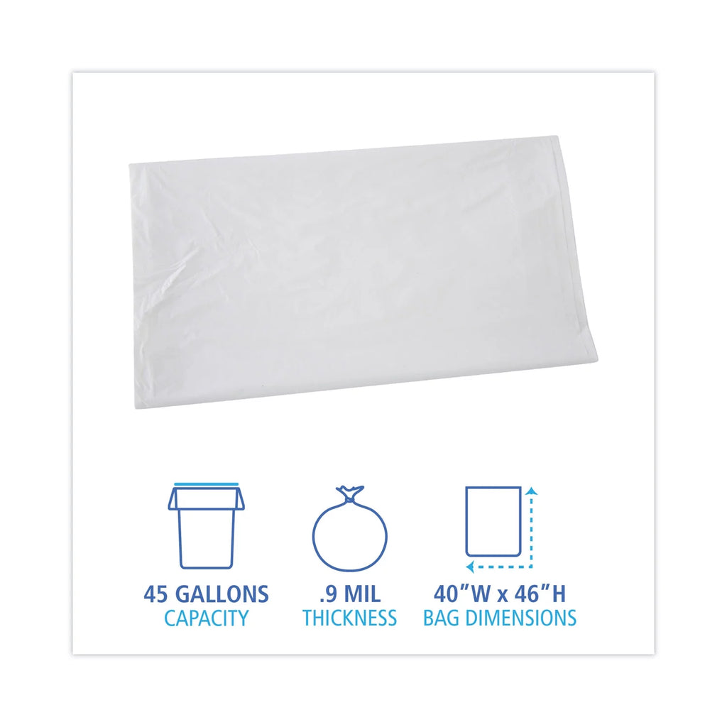 Boardwalk Linear Low Density Industrial Trash Bags; 45 gal; 0.9 mil; 40 x 46; White; 100/Carton
