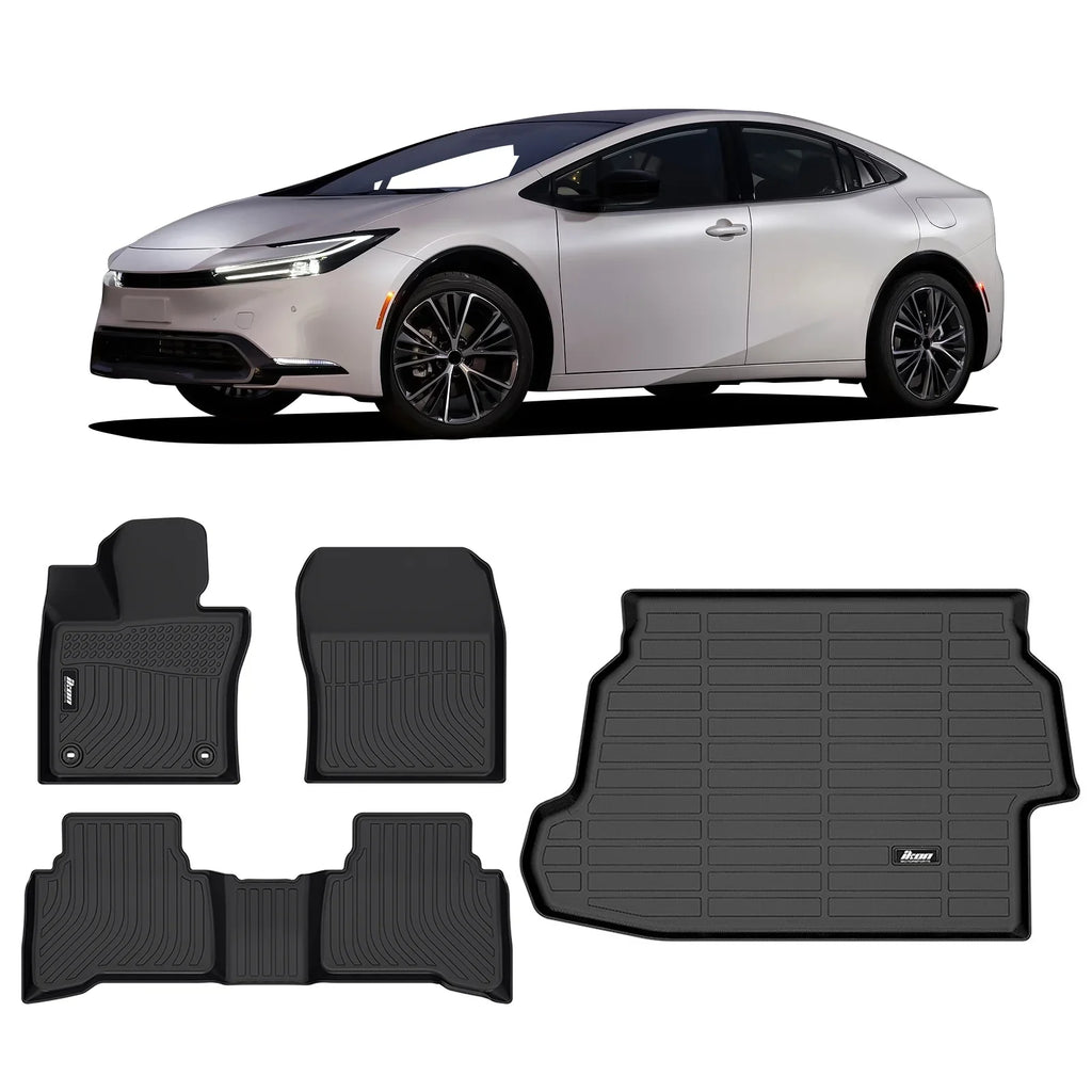 Ikon Motorsports Floor Mats & Trunk Mat Compatible With 2023-2024 Toyota Prius ; Black 3D Molded Carpets Liner 1st 2nd Row Front Rear Pad 4PC TPE Thermo Plastic Elastomer All Weather Protector