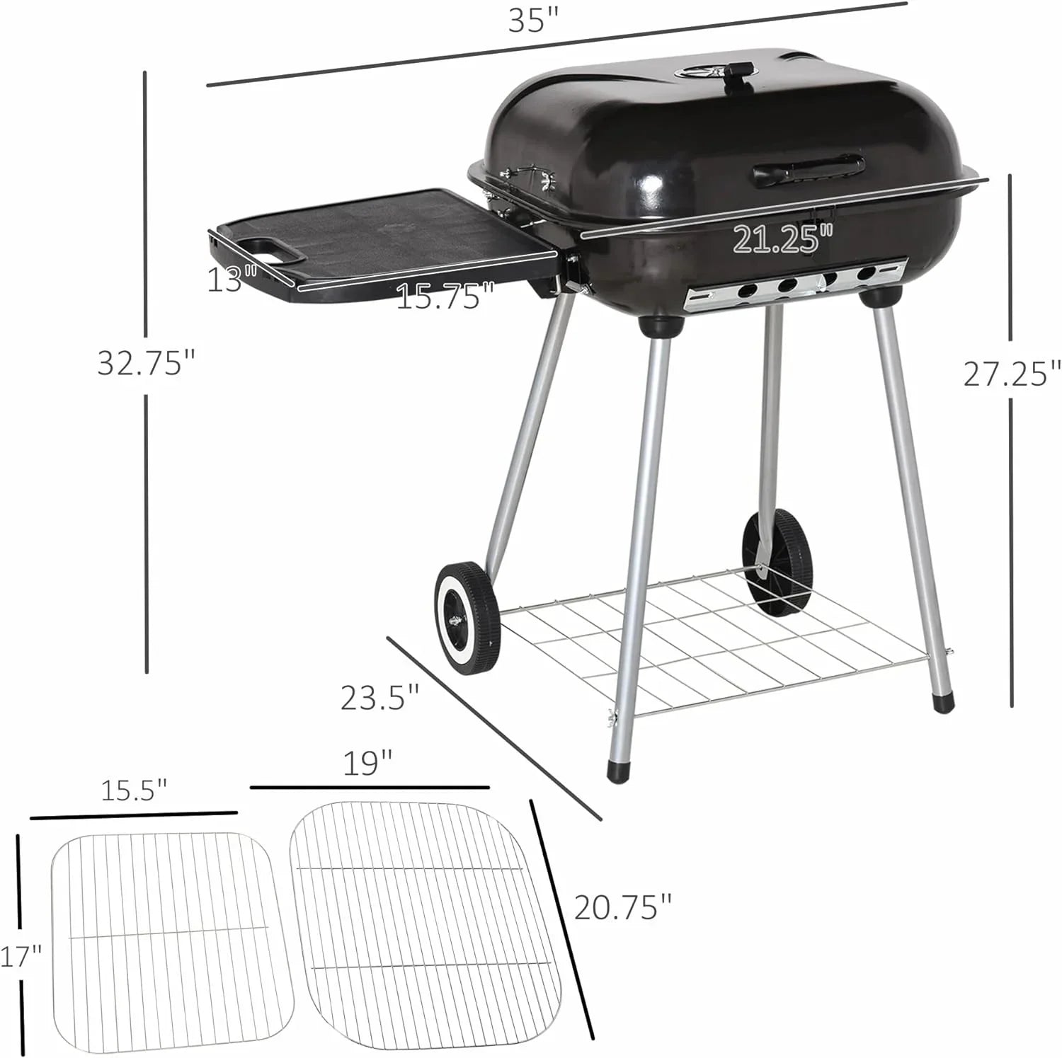 Portable Charcoal Grill with Foldable Side Shelf and Bottom Shelf; BBQ Smoker with Wheels and Adjustable Vents on Lid for Picnic Camping Backyard Cooking; Black