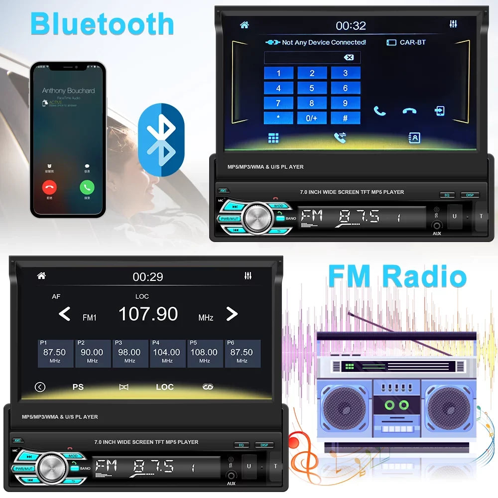 Podofo Universal Single 1 DIN 7" HD Touchscreen Retractable Car Stereo Radio Bluetooth Auto Apple Carplay Android Auto FM Video Player Mirror Link Function; with 12 LED Backup Camera
