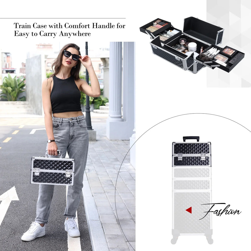 Joligrace 4 in 1 Aluminum Rolling Makeup Case with Wheels Cosmetic Train Case Trolley Box Salon Barber Case