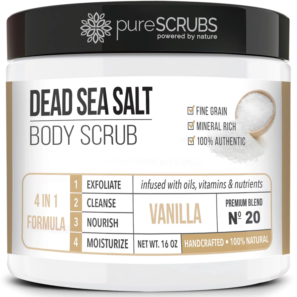 pureSCRUBS Premium Organic Body Scrub Set - Large 16oz VANILLA BODY SCRUB - Pure Dead Sea Salt Infused With Organic Essential Oils & Nutrients + FREE Wooden Spoon; Loofah & Mini Exfoliating Bar Soap