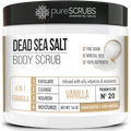 pureSCRUBS Premium Organic Body Scrub Set - Large 16oz VANILLA BODY SCRUB - Pure Dead Sea Salt Infused With Organic Essential Oils & Nutrients + FREE Wooden Spoon; Loofah & Mini Exfoliating Bar Soap