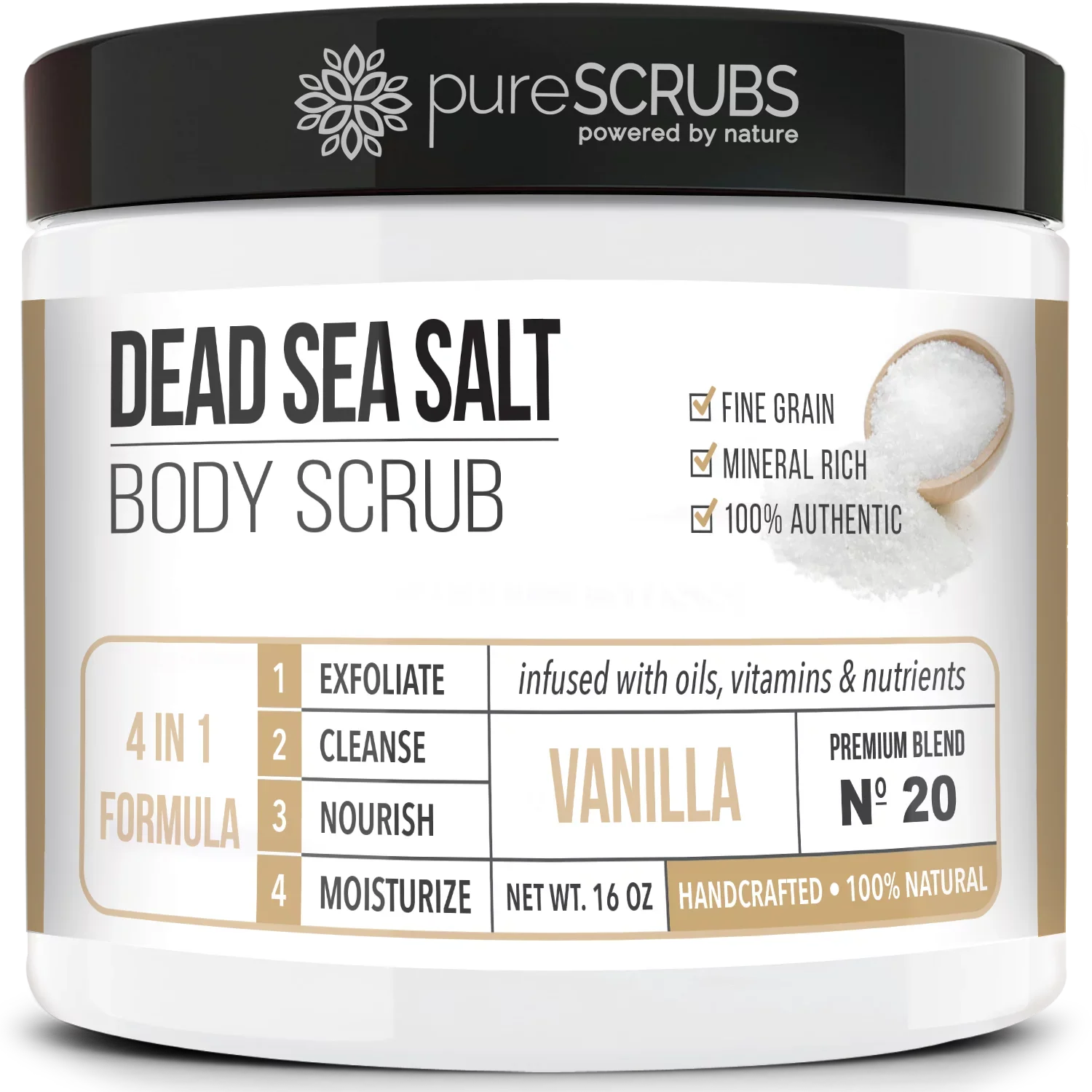 pureSCRUBS Premium Organic Body Scrub Set - Large 16oz VANILLA BODY SCRUB - Pure Dead Sea Salt Infused With Organic Essential Oils & Nutrients + FREE Wooden Spoon; Loofah & Mini Exfoliating Bar Soap