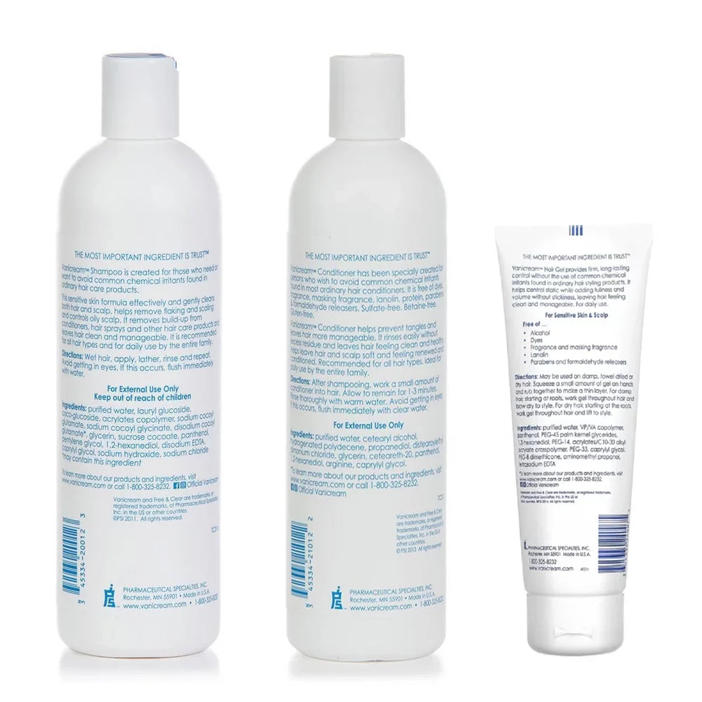 Vanicream Shampoo; Conditioner and Hair Gel For Sensitive Skin; 12 oz & 7 oz