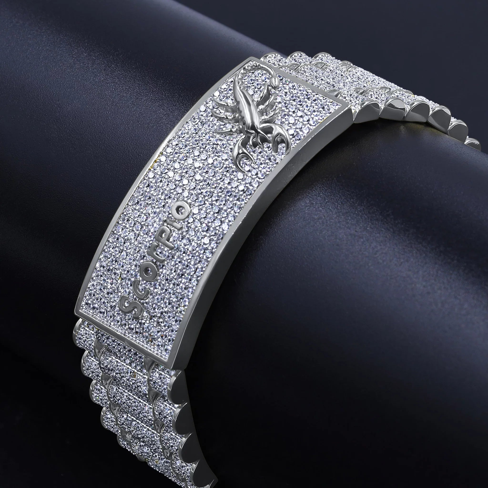 Zodiac Sign Scorpio 14K White Gold Finish Simulated Diamonds Mens Link Bracelet 8.5''