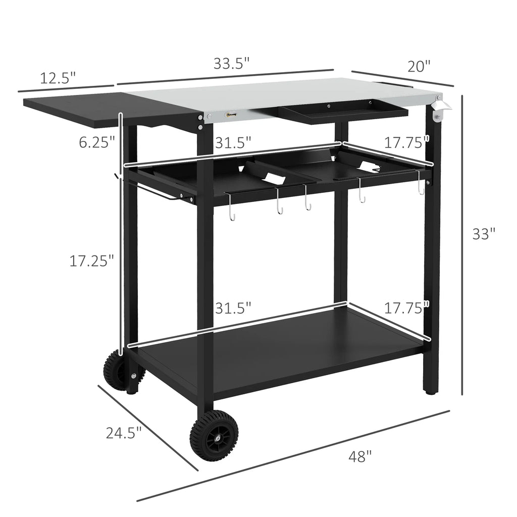 Outdoor Bar Cart with Stainless Steel Tabletop; Kitchen Island with Wheels; 2 Tiers & Seasoning Shelf; Patio Serving Cart with Hooks; Towel & Garbage Bag Holder; Plates & Spice Jars; Black