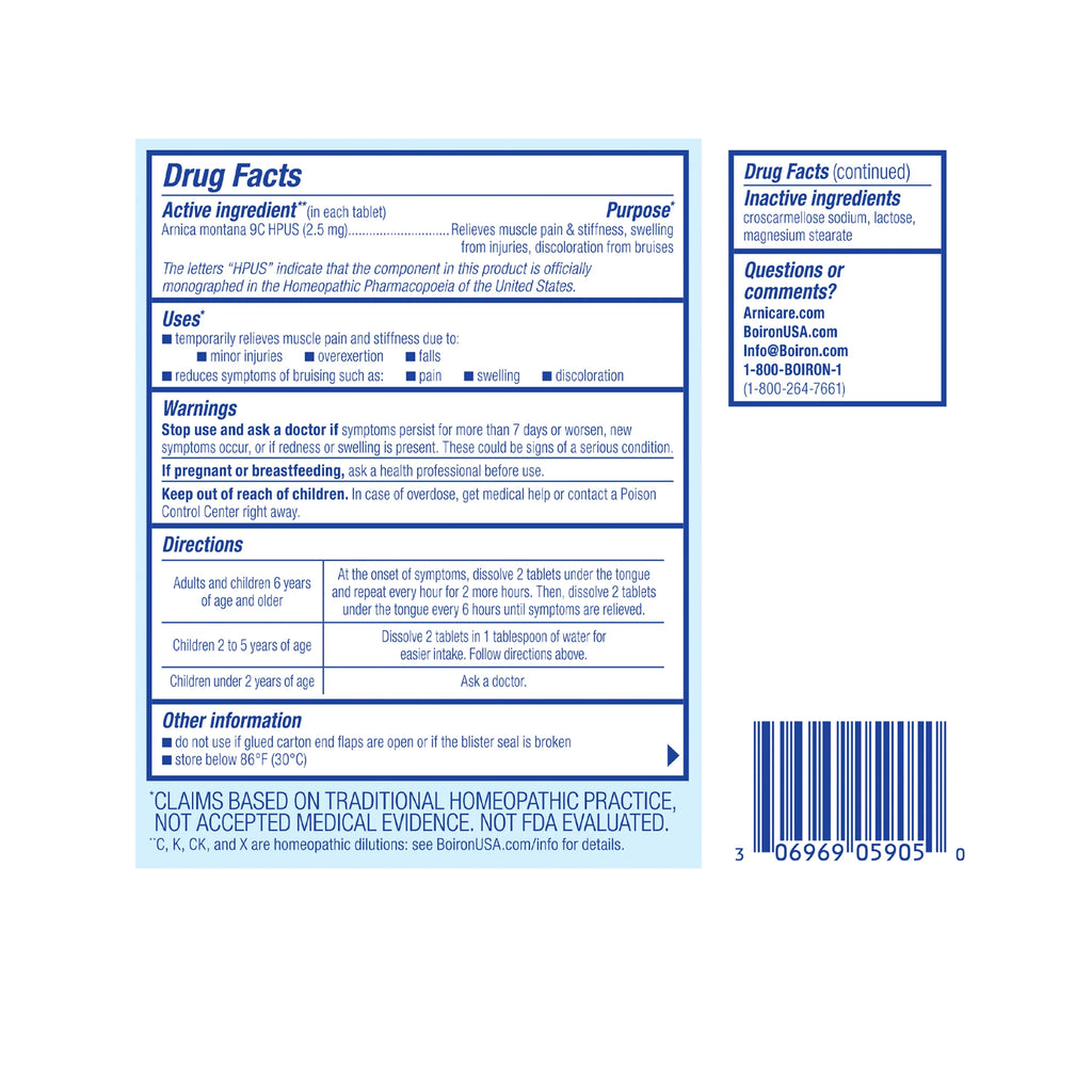 Boiron Arnicare Tablets; Homeopathic Medicine for Pain Relief; Swelling & Bruises from Injuries; and Muscle Pain; 120 Meltaway Tablets