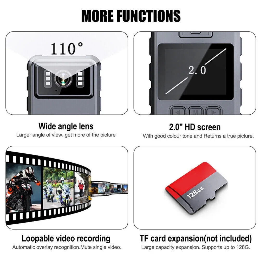 JLLOM Police Body Camera - Mini Camcorder with 1080P Audio Video DVR and IR Night Vision