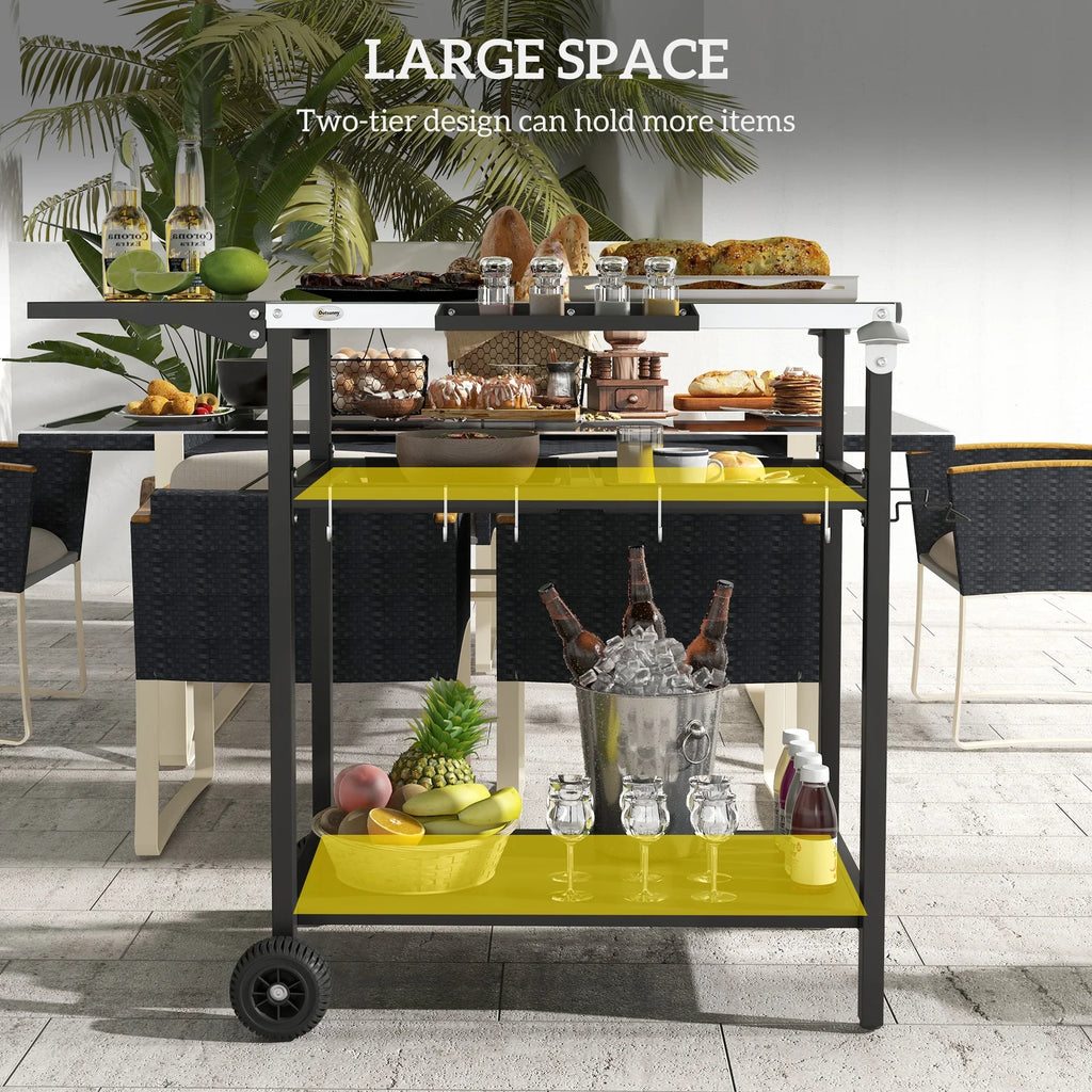 Outdoor Bar Cart with Stainless Steel Tabletop; Kitchen Island with Wheels; 2 Tiers & Seasoning Shelf; Patio Serving Cart with Hooks; Towel & Garbage Bag Holder; Plates & Spice Jars; Black