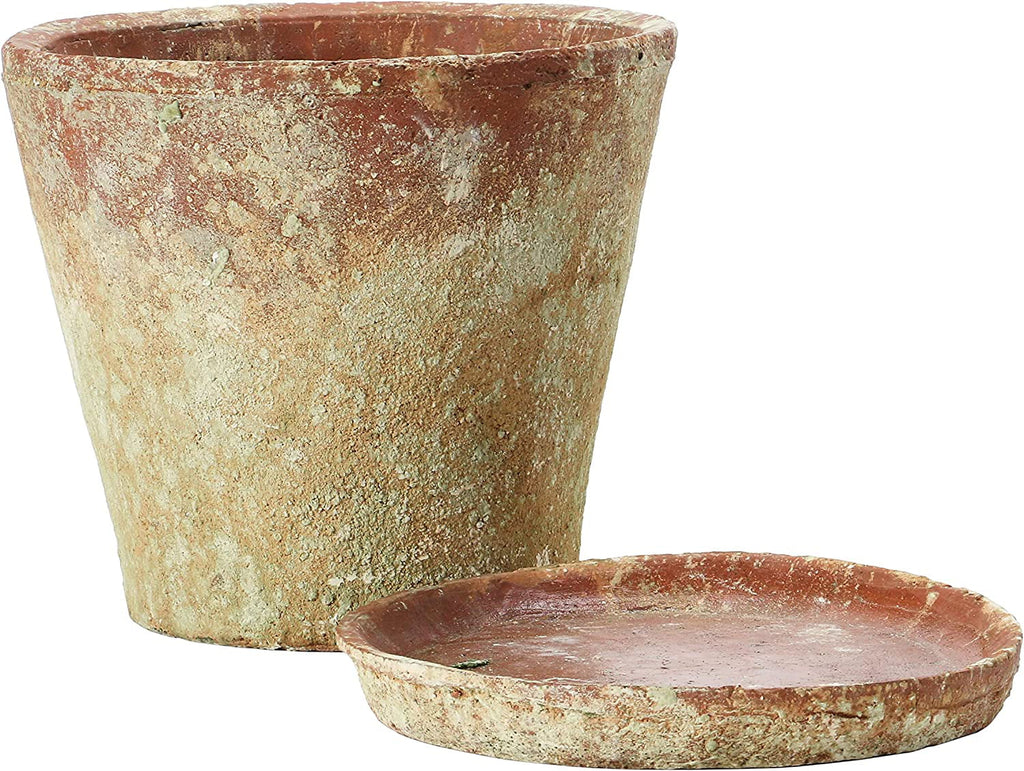 Creative Co-Op Cement Planter with Saucer; Distressed Terra-cotta Finish; Set of 2 (Holds 8" Pot)