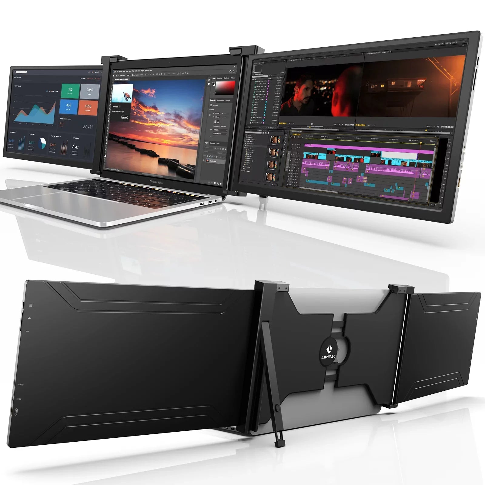 LIMINK S20;15.4" Triple Portable Monitor Laptop Screen Extender for Dual Monitor Display
