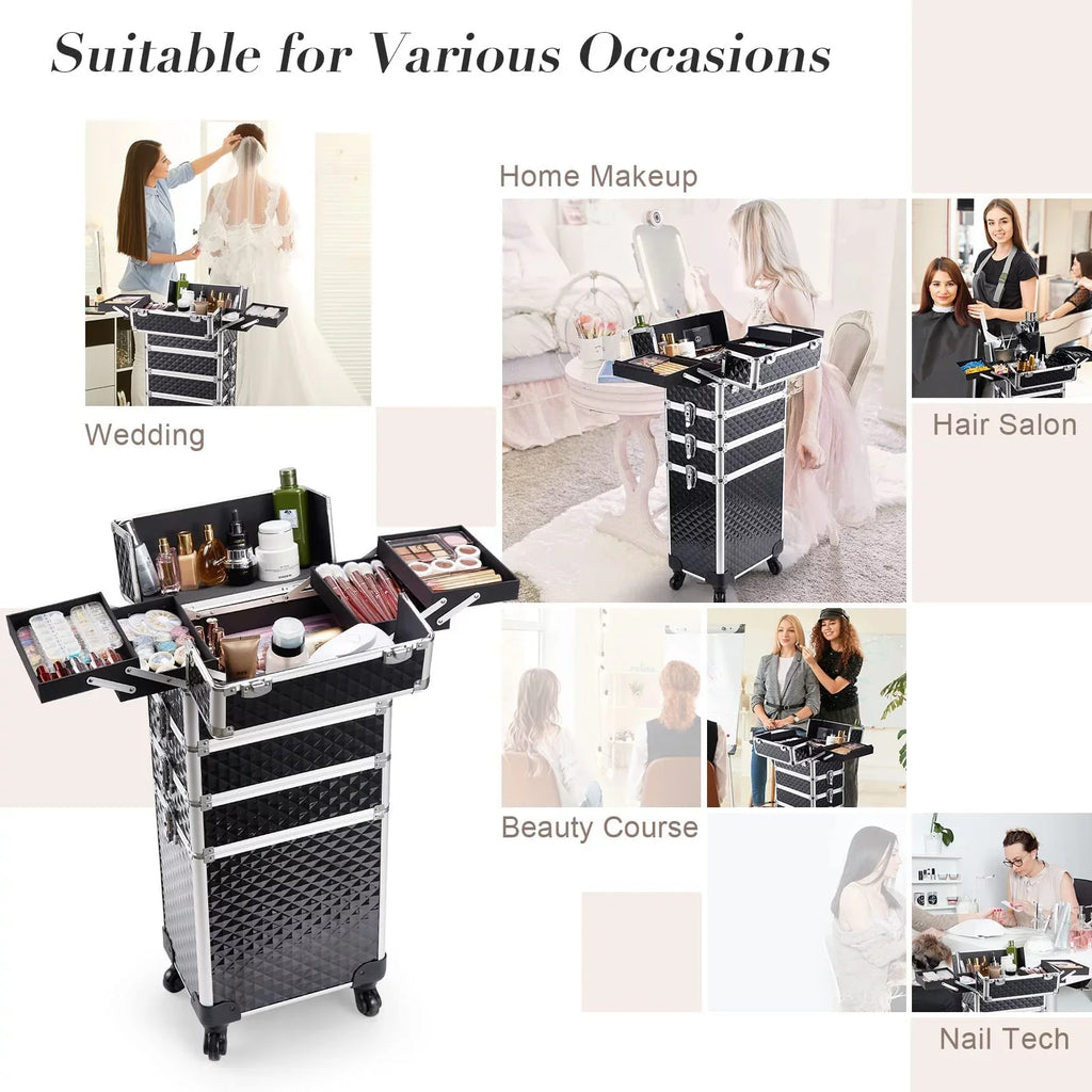 Joligrace 4 in 1 Aluminum Rolling Makeup Case with Wheels Cosmetic Train Case Trolley Box Salon Barber Case